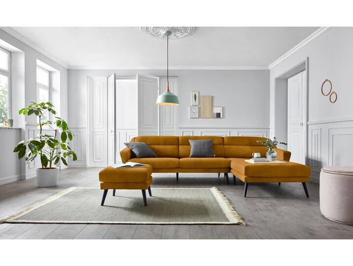 Ecksofa OTTO HOME Bille L-Form , gold, B:302cm H:86cm T:178cm, Samtoptik (100% Polyester);Luxus-Microfaser weich (100% Polyester);Struktur (100% Polyester);Struktur fein (100% Polyester), Sofas, mit Naht im Rückenkissen und Beinen aus Eichenholz von Otto