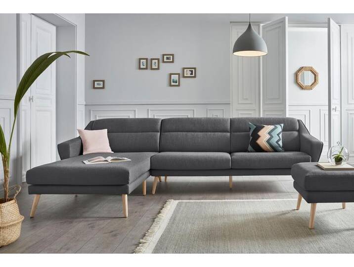 Ecksofa ANDAS Bille L-Form , grau (anthrazit), B:302cm H:86cm T:178cm, Samtoptik (100% Polyester), Luxus-Microfaser weich (100% Polyester), Struktur (100% Polyester), Struktur fein (100% Polyester), Sofas, mit Naht im Rückenkissen und Beinen aus Eichenholz von andas