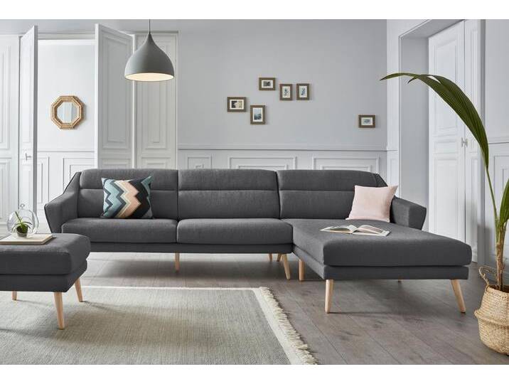 Ecksofa ANDAS Bille L-Form , grau (anthrazit), B:302cm H:86cm T:178cm, Samtoptik (100% Polyester), Luxus-Microfaser weich (100% Polyester), Struktur (100% Polyester), Struktur fein (100% Polyester), Sofas, mit Naht im Rückenkissen und Beinen aus Eichenholz von andas