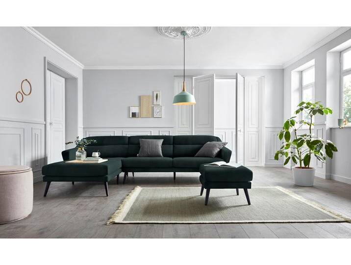 Ecksofa ANDAS Bille L-Form , grün, B:302cm H:86cm T:178cm, Samtoptik (100% Polyester), Luxus-Microfaser weich (100% Polyester), Struktur (100% Polyester), Struktur fein (100% Polyester), Sofas, mit Naht im Rückenkissen und Beinen aus Eichenholz von andas