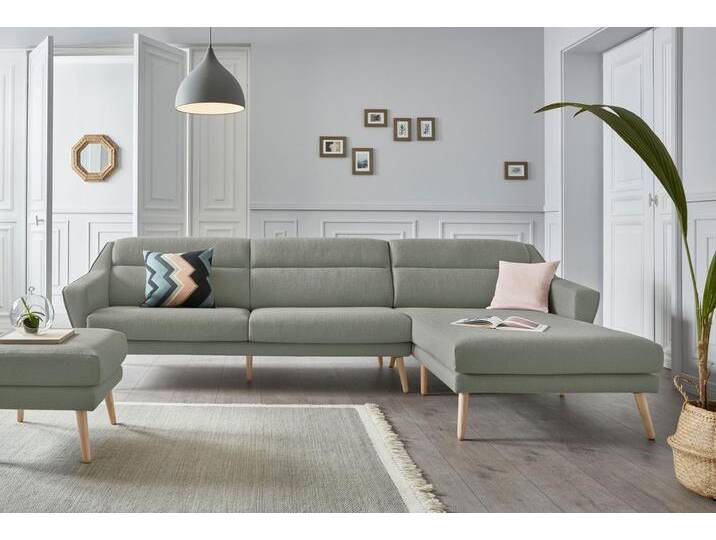 Ecksofa ANDAS Bille L-Form , grün (mint), B:302cm H:86cm T:178cm, Samtoptik (100% Polyester), Luxus-Microfaser weich (100% Polyester), Struktur (100% Polyester), Struktur fein (100% Polyester), Sofas, mit Naht im Rückenkissen und Beinen aus Eichenholz von andas