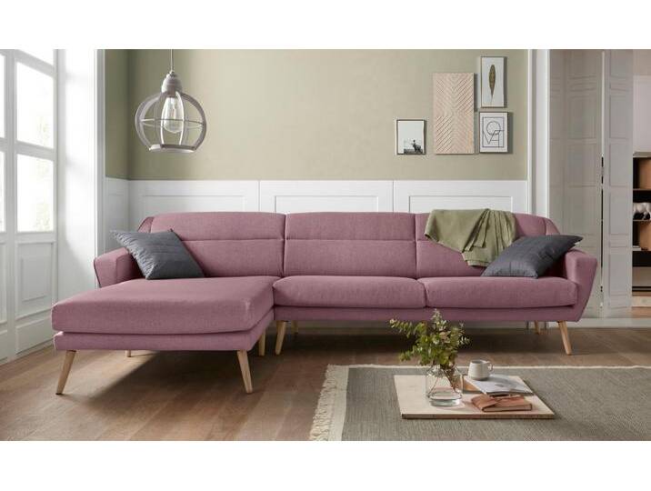 Ecksofa ANDAS Bille L-Form , rosa (rosé), B:302cm H:86cm T:178cm, Samtoptik (100% Polyester), Luxus-Microfaser weich (100% Polyester), Struktur (100% Polyester), Struktur fein (100% Polyester), Sofas, mit Naht im Rückenkissen und Beinen aus Eichenholz von andas