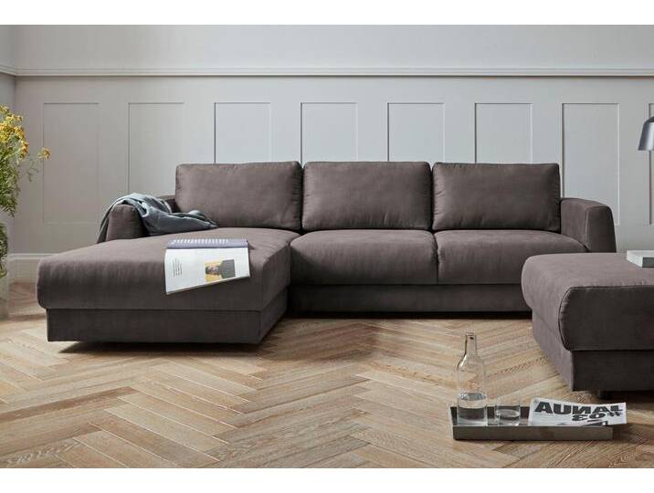 Ecksofa ANDAS Hobro L-Form , grau (dunkelgrau), B:264cm H:80cm T:175cm, Luxus-Microfaser Lederoptik (100% Polyester), Struktur grob (100% Polyester), Samtoptik (100% Polyester), Sofas, in 3 Bezugsqualitäten in vielen Farben, Design by Morten Georgsen von andas