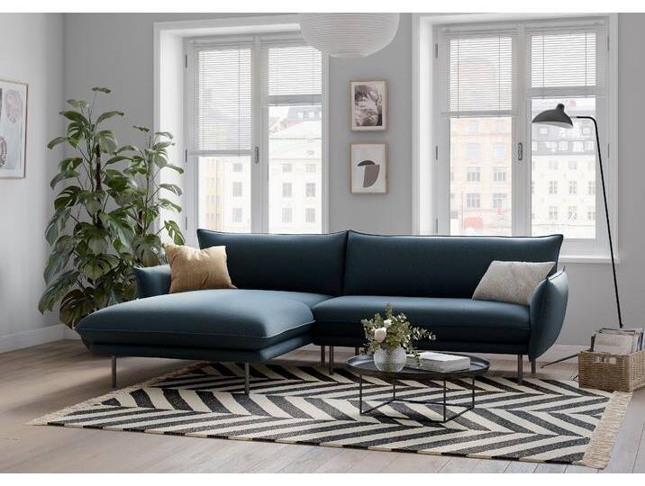 Ecksofa ANDAS Stine L-Form , blau, B:249cm H:86cm T:159cm, Struktur (100% Polyester), Struktur weich (85% Polyester/15% Nylon), Samtoptik (100% Polyester), Sofas, Besonderes Design durch Kissenoptik und Keder, by Morten Georgsen von andas