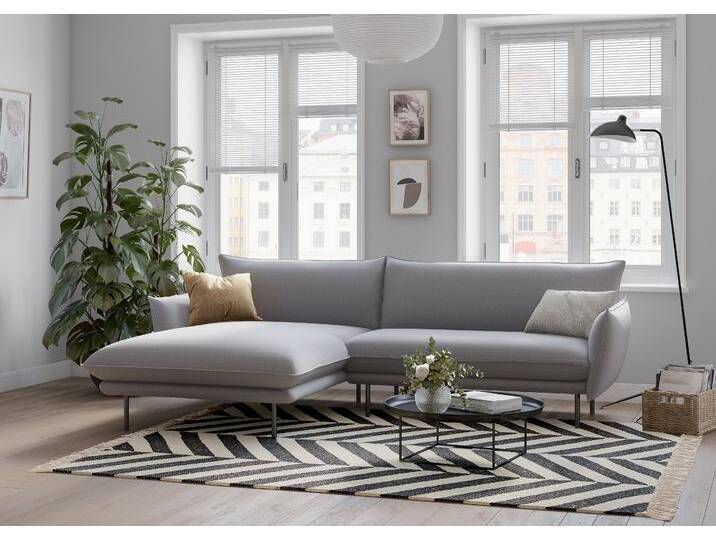 Ecksofa ANDAS Stine L-Form , grau (hellgrau), B:249cm H:86cm T:159cm, Struktur (100% Polyester);Struktur weich (85% Polyester/15% Nylon);Samtoptik (100% Polyester), Sofas, Besonderes Design durch Kissenoptik und Keder, by Morten Georgsen von andas