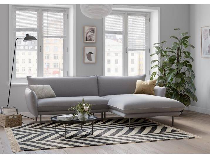 Ecksofa ANDAS Stine L-Form , grau (hellgrau), B:249cm H:86cm T:159cm, Struktur (100% Polyester), Struktur weich (85% Polyester/15% Nylon), Samtoptik (100% Polyester), Sofas, Besonderes Design durch Kissenoptik und Keder, by Morten Georgsen von andas