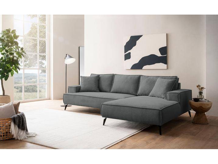 Ecksofa ANDAS TVINNU, L-Form in Cord, Sofa , grau (anthrazit), B:275cm H:83cm T:173cm, Sofas, wahlweise Recamiere rechts/links, schwarze Füße, bequemer Sitzkomfort von andas