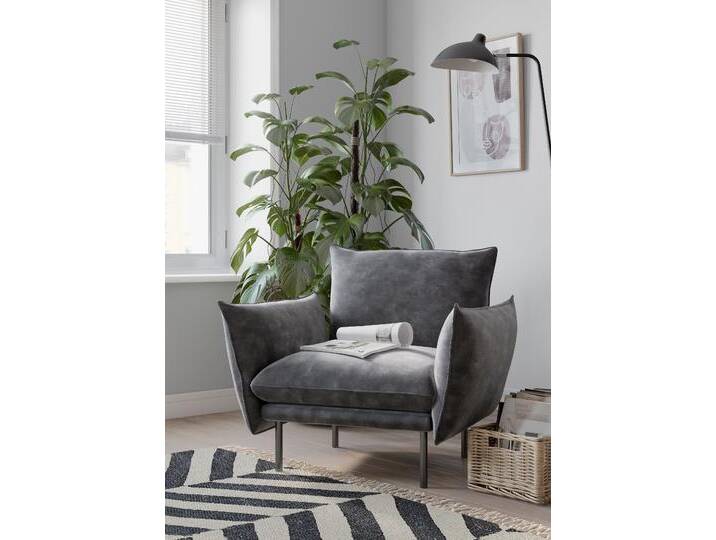 Sessel ANDAS Stine Cocktailsessel , grau (anthrazit), B:96cm H:86cm T:86cm, Struktur (100% Polyester), Struktur weich (85% Polyester/15% Nylon), Samtoptik (100% Polyester), Sessel, Besonderes Design durch Kissenoptik und Keder, by Morten Georgsen von andas