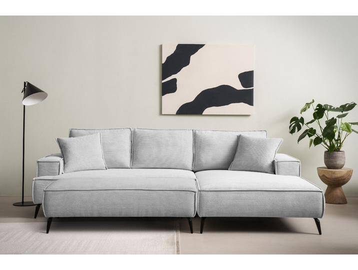 Sitzgruppe ANDAS TVINNU, Polsterecke L-Form, Schlaffunktion, mit Hocker , grau (hellgrau), B:275cm H:83cm T:173cm, Sitzmöbel-Sets, stellbar zum Schlafsofa (Krokodilverbinder) von andas