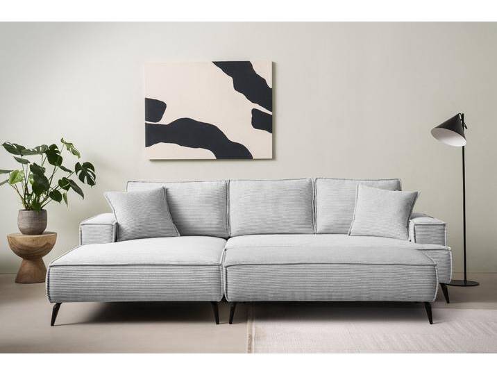 Sitzgruppe ANDAS TVINNU, Polsterecke L-Form, Schlaffunktion, mit Hocker , grau (hellgrau), B:275cm H:83cm T:173cm, Sitzmöbel-Sets, stellbar zum Schlafsofa (Krokodilverbinder) von andas