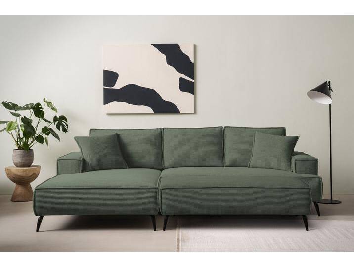 Sitzgruppe ANDAS TVINNU, Polsterecke L-Form, Schlaffunktion, mit Hocker , grün (dunkelgrün), B:275cm H:83cm T:173cm, Sitzmöbel-Sets, stellbar zum Schlafsofa (Krokodilverbinder) von andas
