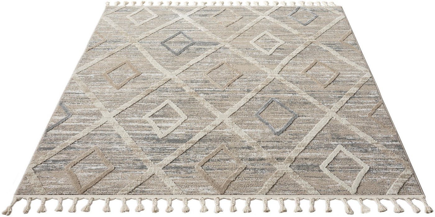 Teppich »Otilie«, andas, rechteckig, Höhe: 11 mm, dichte Qualität, Woll-Look, Boho, mit Fransen und Rauten, Scandi von andas