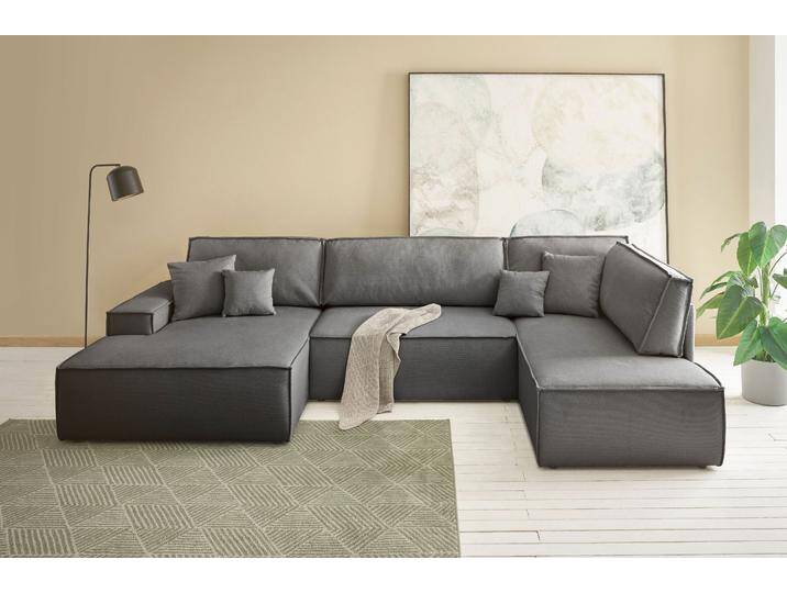 Wohnlandschaft ANDAS FINNLEY U-Form XXL 329 cm, Schlafsofa, Schlaffunktion m. Bettkasten , grau (anthrazit), B:329cm H:85cm T:195cm, Bezugstoff 100% PES , Atmungsaktives Gewebe , Easy Clean , Gramatur 340g/ qm +/- 5%, Sofas, (194/139 cm), Bouclé, Struktur und Cord von andas