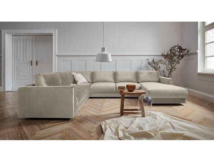 Wohnlandschaft ANDAS Hobro U-Form , beige, B:348cm H:80cm T:270cm, Luxus-Microfaser Lederoptik (100% Polyester, Struktur grob (100% Polyester), Samtoptik (100% Polyester), Sofas, in 3 Bezugsqualitäten in vielen Farben, Design by Morten Georgsen von andas