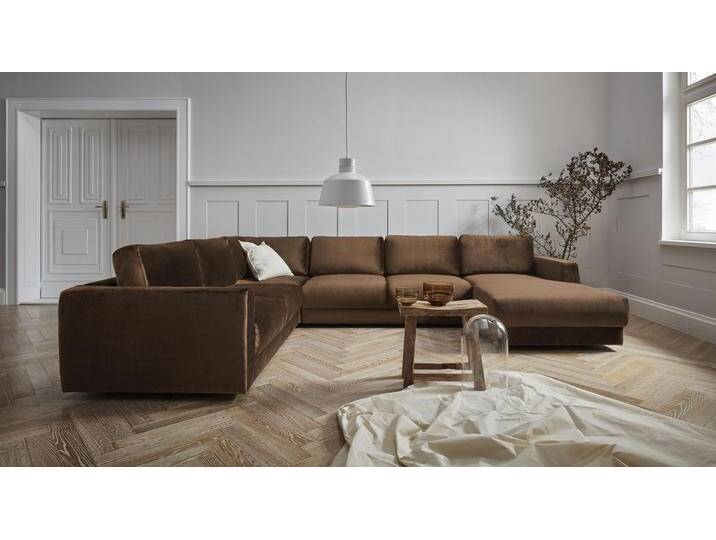 Wohnlandschaft ANDAS Hobro U-Form , braun, B:348cm H:80cm T:270cm, Luxus-Microfaser Lederoptik (100% Polyester, Struktur grob (100% Polyester), Samtoptik (100% Polyester), Sofas, in 3 Bezugsqualitäten in vielen Farben, Design by Morten Georgsen von andas