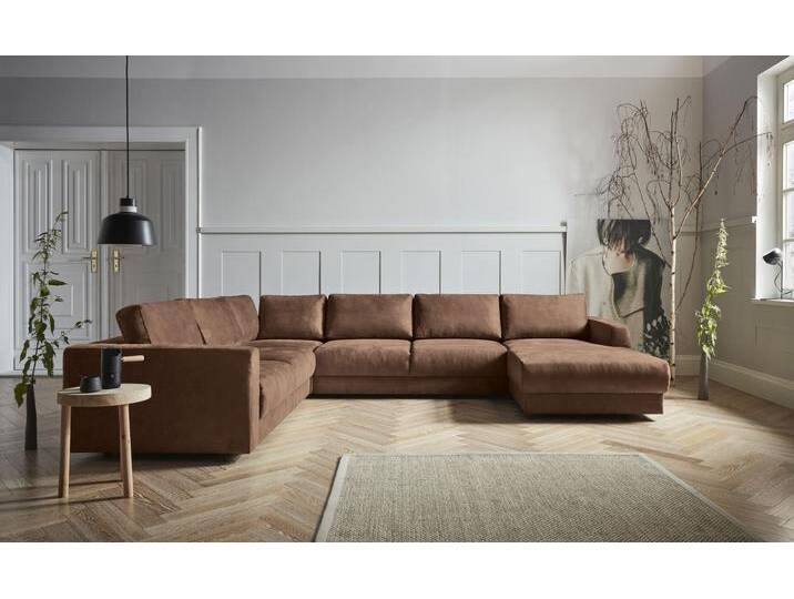 Wohnlandschaft ANDAS Hobro U-Form , braun (cognac), B:348cm H:80cm T:270cm, Luxus-Microfaser Lederoptik (100% Polyester, Struktur grob (100% Polyester), Samtoptik (100% Polyester), Sofas, in 3 Bezugsqualitäten in vielen Farben, Design by Morten Georgsen von andas