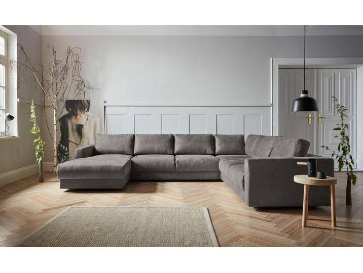 Wohnlandschaft ANDAS Hobro U-Form , grau (dunkelgrau), B:348cm H:80cm T:270cm, Luxus-Microfaser Lederoptik (100% Polyester, Struktur grob (100% Polyester), Samtoptik (100% Polyester), Sofas, in 3 Bezugsqualitäten in vielen Farben, Design by Morten Georgsen von andas