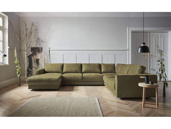 Wohnlandschaft ANDAS Hobro U-Form , grün (oliv), B:348cm H:80cm T:270cm, Luxus-Microfaser Lederoptik (100% Polyester, Struktur grob (100% Polyester), Samtoptik (100% Polyester), Sofas, in 3 Bezugsqualitäten in vielen Farben, Design by Morten Georgsen von andas