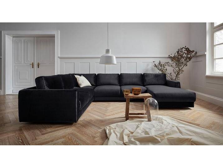 Wohnlandschaft ANDAS Hobro U-Form , schwarz, B:348cm H:80cm T:270cm, Luxus-Microfaser Lederoptik (100% Polyester, Struktur grob (100% Polyester), Samtoptik (100% Polyester), Sofas, in 3 Bezugsqualitäten in vielen Farben, Design by Morten Georgsen von andas
