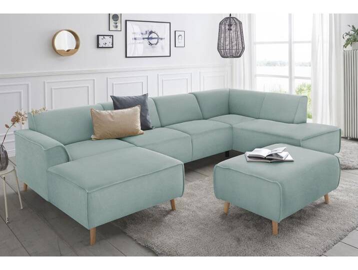 Wohnlandschaft ANDAS Janek Scandic Design, elegant und zeitlos U-Form , grün (mint), B:324cm H:81cm T:191cm, Struktur fein ( 100% Polyester);Struktur weich (92% Polyester, 8% Nylon);Struktur weich (92% Polyester, 8% Nylon), Sofas, mit Federkern und Keder in scandinavischem Design von andas