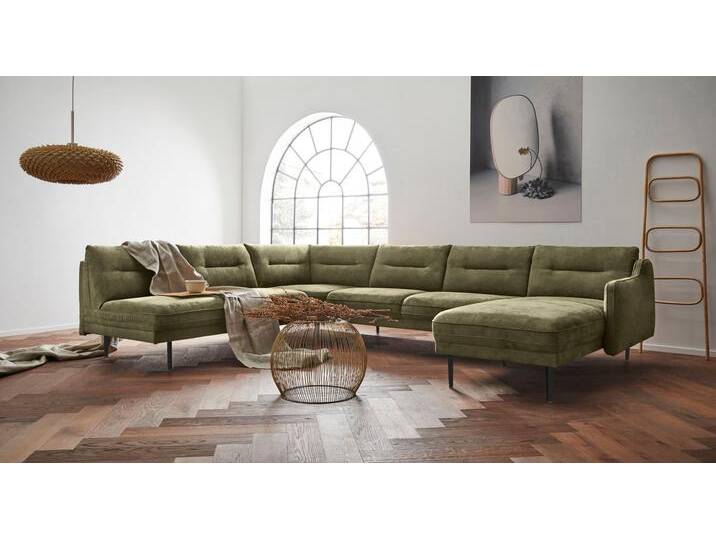 Wohnlandschaft ANDAS Nordfyn U-Form , grün (oliv), B:323cm H:81cm T:239cm, Luxus-Microfaser Lederoptik (100% Polyester), Struktur weich (100% Polyester), 100% NaturLEDER, Sofas, edles Design in 3 Bezugsqualitäten, Design by Morten Georgsen von andas
