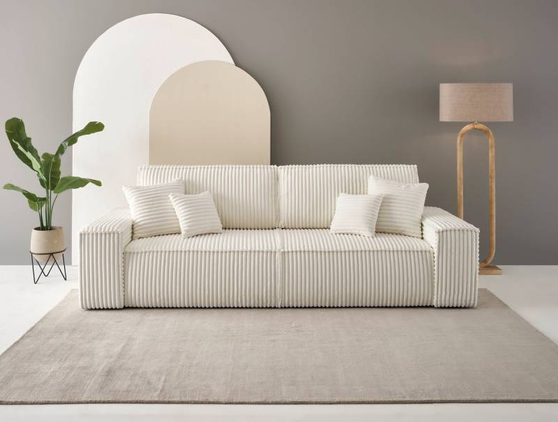 andas 3-Sitzer FINNLEY Schlafsofa 257 cm, Schlaffunktion mit Bettkasten (200/136cm), in Aqua Clean-Bouclé, Struktur fein u. Cord von andas