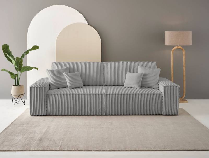 andas 3-Sitzer FINNLEY Schlafsofa 257 cm, Schlaffunktion mit Bettkasten (200/136cm), in Aqua Clean-Bouclé, Struktur fein u. Cord von andas