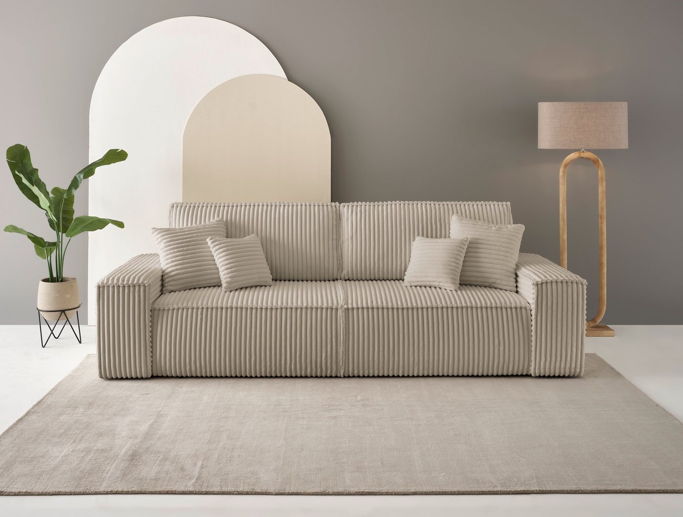 andas 3-Sitzer FINNLEY Schlafsofa 257 cm, Schlaffunktion mit Bettkasten (200/136cm), in Aqua Clean-Bouclé, Struktur fein u. Cord von andas