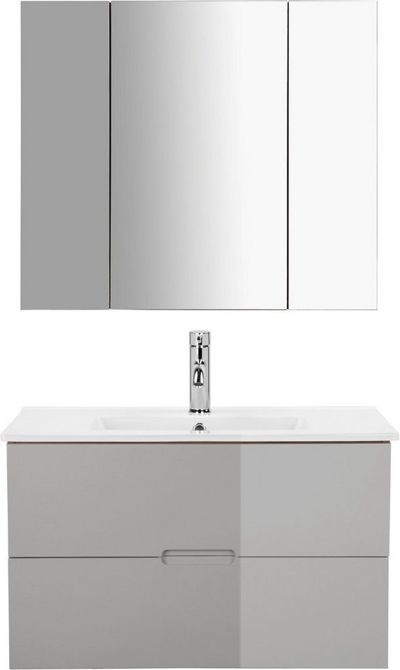 welltime Badmöbel-Set Lund Badmöbel Set Badschrank Badezimmerset, (Komplett-Set, 3-St), Waschtisch, Spiegelschrank und Becken Breite 80cm von welltime