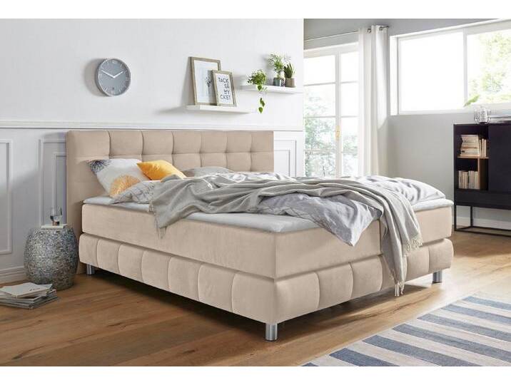 andas Boxspringbett Salo XXL, in Samtoptik oder Struktur, 6 Breiten in Überlänge 220cm, 4 Härtegrade, beige, 7-Zonen-Kaltschaummatratze , H2 (80 kg) von andas