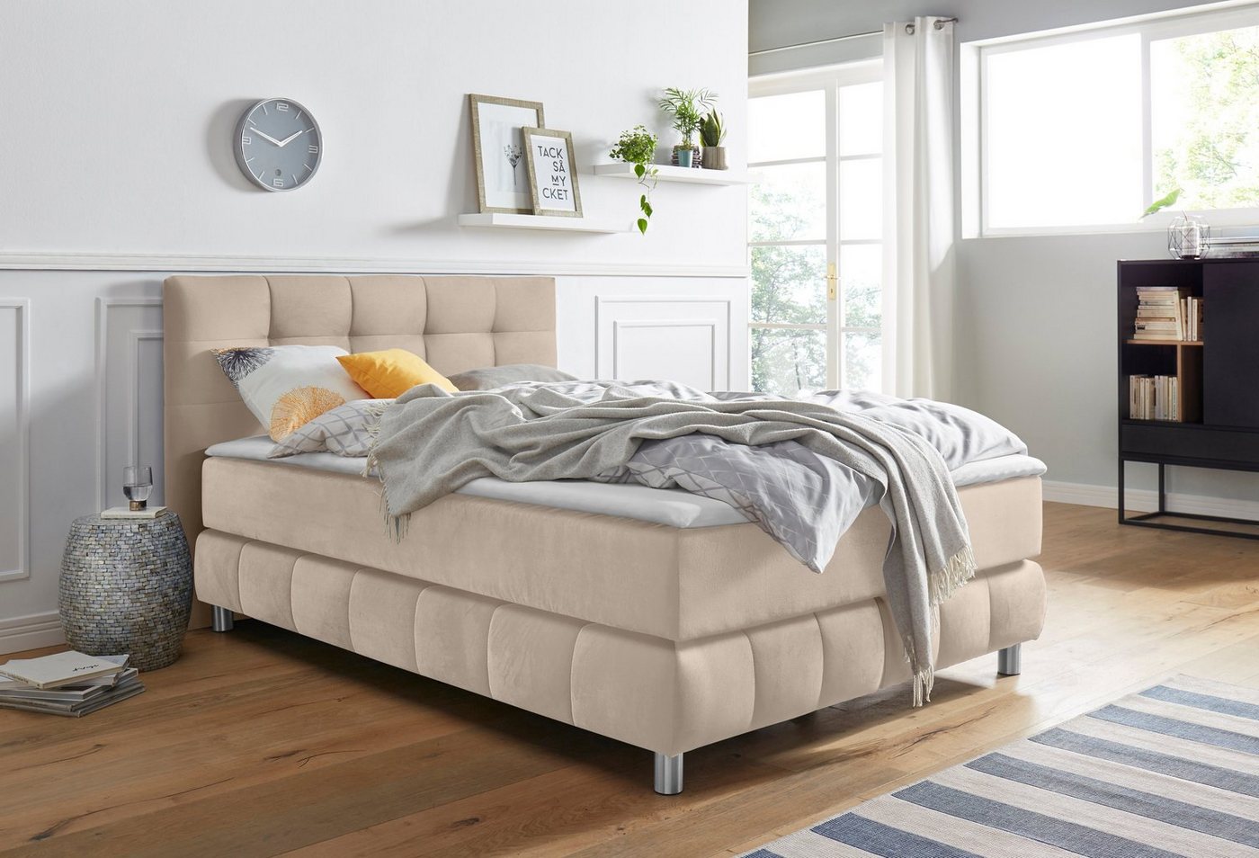 andas Boxspringbett Salo XXL, in Samtoptik oder Struktur, 6 Breiten in Überlänge 220cm, 4 Härtegrade von andas