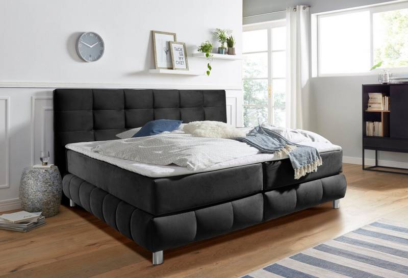 andas Boxspringbett Salo XXL, in Samtoptik oder Struktur, 6 Breiten in Überlänge 220cm, 4 Härtegrade von andas