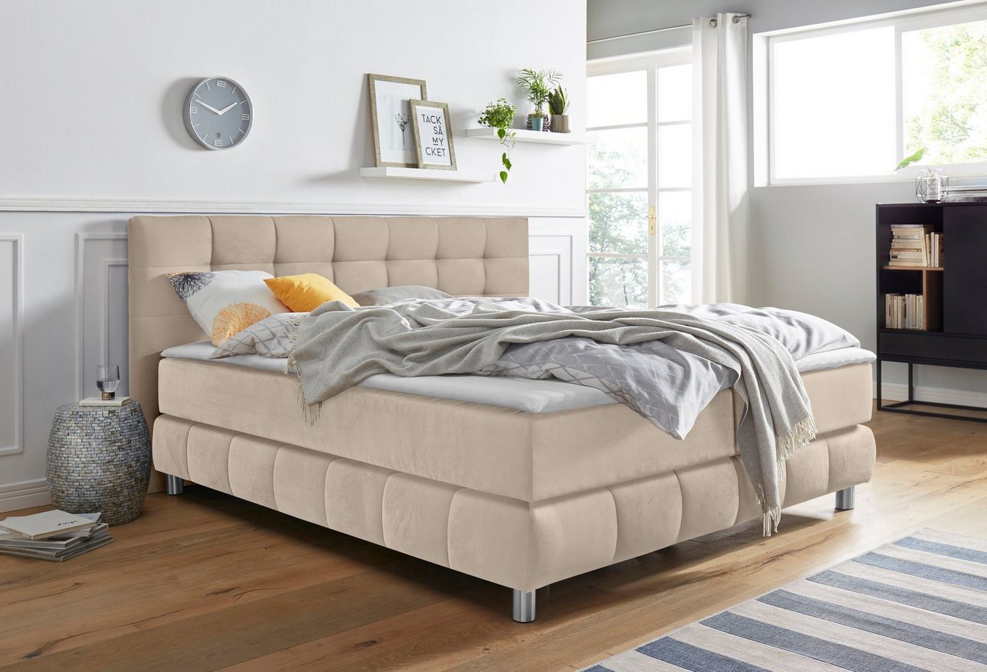 andas Boxspringbett Salo XXL, in Samtoptik oder Struktur, 6 Breiten in Überlänge 220cm, 4 Härtegrade von andas