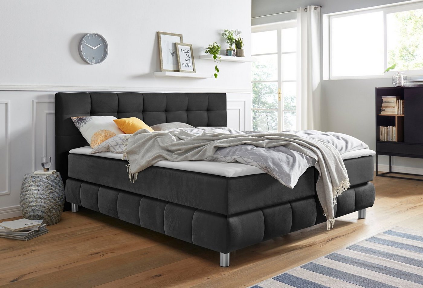 andas Boxspringbett Salo XXL, in Samtoptik oder Struktur, 6 Breiten in Überlänge 220cm, 4 Härtegrade von andas