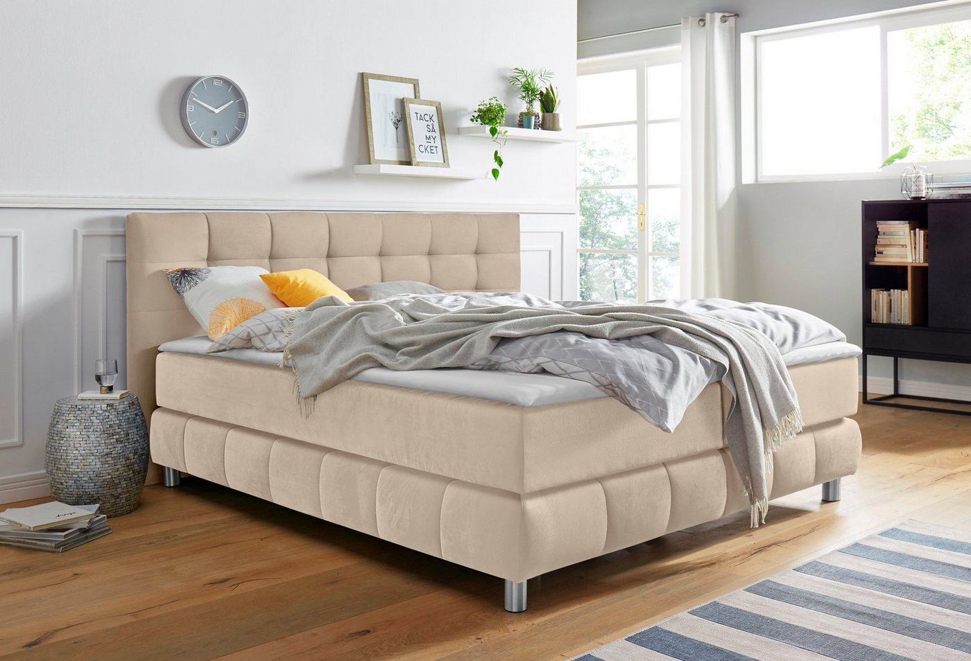 andas Boxspringbett Salo XXL, in Samtoptik oder Struktur, 6 Breiten in Überlänge 220cm, 4 Härtegrade von andas