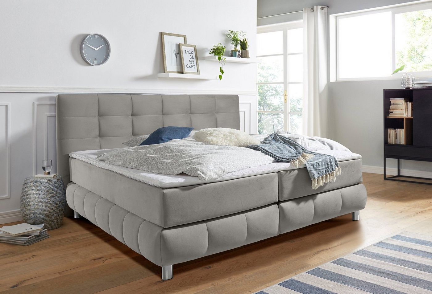 andas Boxspringbett Salo XXL, in Samtoptik oder Struktur, 6 Breiten in Überlänge 220cm, 4 Härtegrade von andas