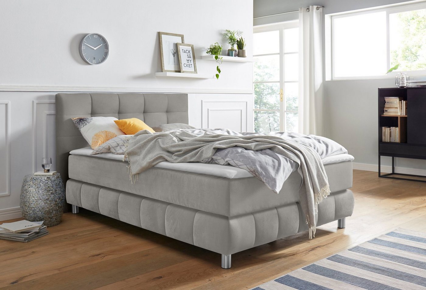 andas Boxspringbett Salo XXL, in Samtoptik oder Struktur, 6 Breiten in Überlänge 220cm, 4 Härtegrade von andas