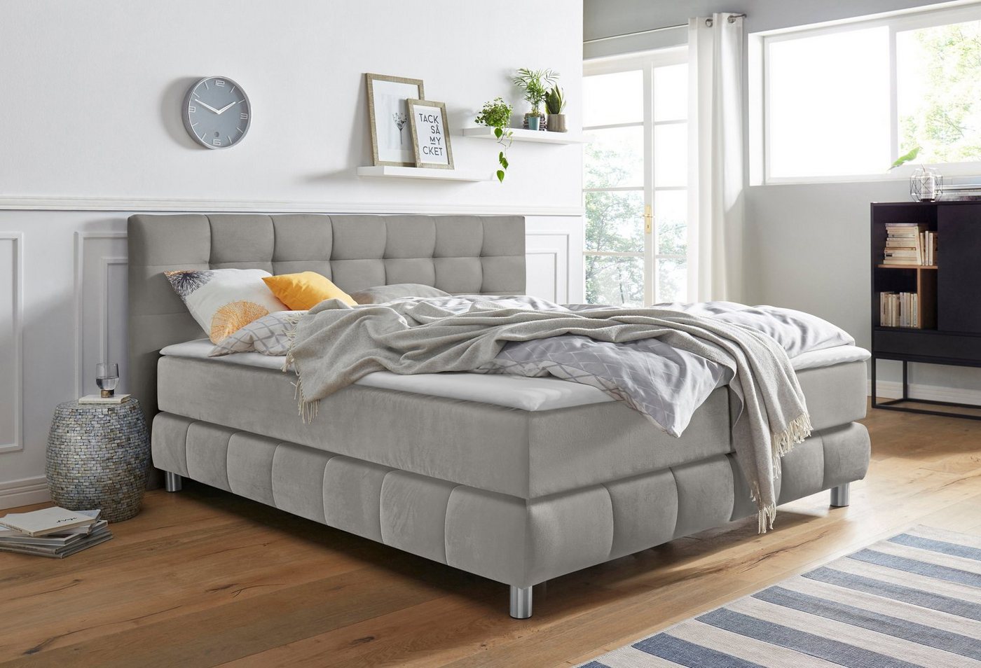 andas Boxspringbett Salo XXL, in Samtoptik oder Struktur, 6 Breiten in Überlänge 220cm, 4 Härtegrade von andas