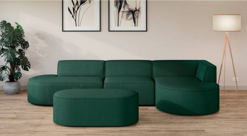 andas Ecksofa EIVIND Designer Sofa mit Ottomane rechts/links, B/T/H: 343/159/72 cm, L-Form mit Wellenunterfederung, auch in Feincord und Bouclé von andas