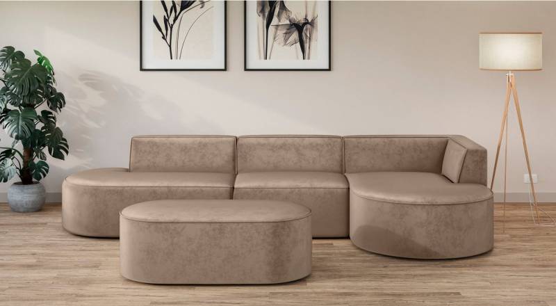andas Ecksofa EIVIND Designer Sofa mit Ottomane rechts/links, B/T/H: 343/159/72 cm, L-Form mit Wellenunterfederung, auch in Feincord und Bouclé von andas