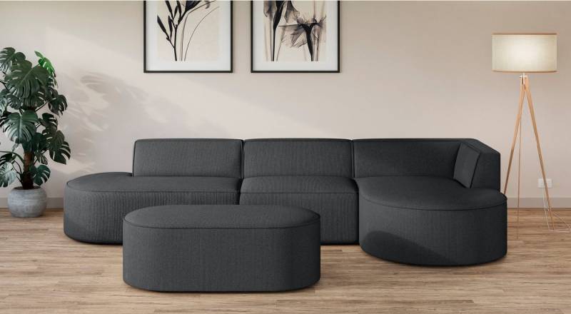andas Ecksofa EIVIND Designer Sofa mit Ottomane rechts/links, B/T/H: 343/159/72 cm, L-Form mit Wellenunterfederung, auch in Feincord und Bouclé von andas