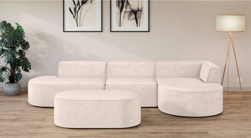 andas Ecksofa EIVIND Designer Sofa mit Ottomane rechts/links, B/T/H: 343/159/72 cm, L-Form mit Wellenunterfederung, auch in Feincord und Bouclé von andas