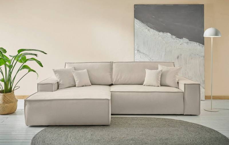andas Ecksofa Finnley Schlafsofa 267 cm in Bouclé, Struktur fein u. Cord, L-Form, Schlaffunktion m. Bettkasten (136/210 cm), Bouclé, Struktur und Cord von andas