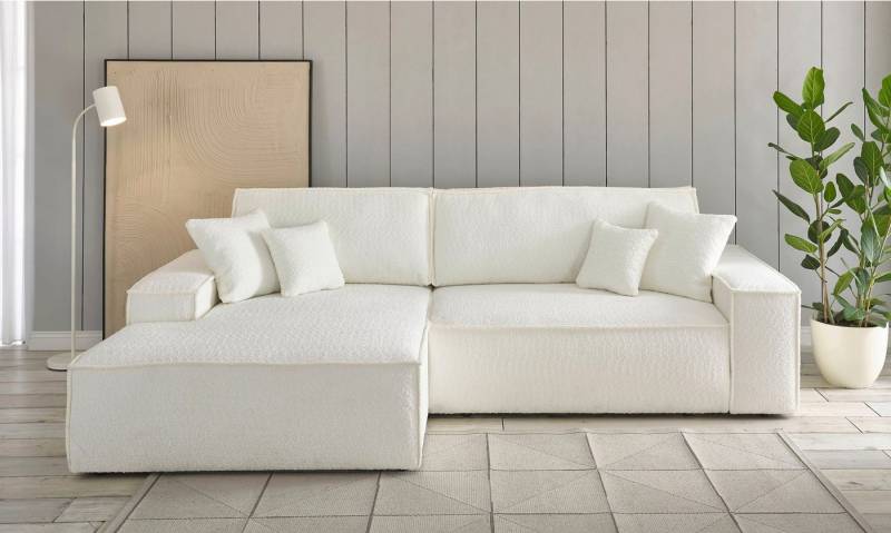 andas Ecksofa Finnley Schlafsofa 267 cm in Bouclé, Struktur fein u. Cord, L-Form, Schlaffunktion m. Bettkasten (136/210 cm), Bouclé, Struktur und Cord von andas