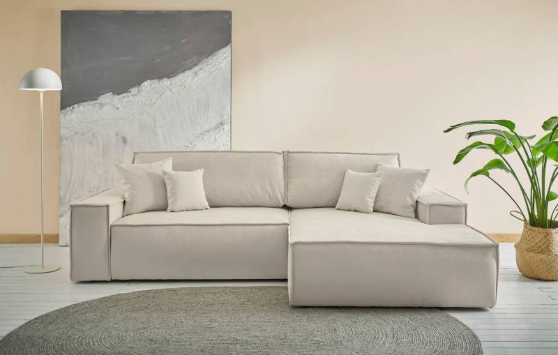 andas Ecksofa Finnley Schlafsofa 267 cm in Bouclé, Struktur fein u. Cord, L-Form, Schlaffunktion m. Bettkasten (136/210 cm), Bouclé, Struktur und Cord von andas