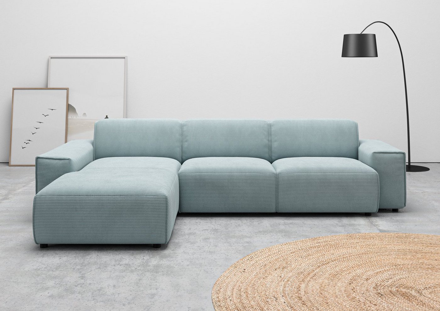 andas Ecksofa Glimminge auch in Breitcord, Feincord, Bouclé + Easy care-Bezug, L-Form, Breite 294, Zierkissen von andas