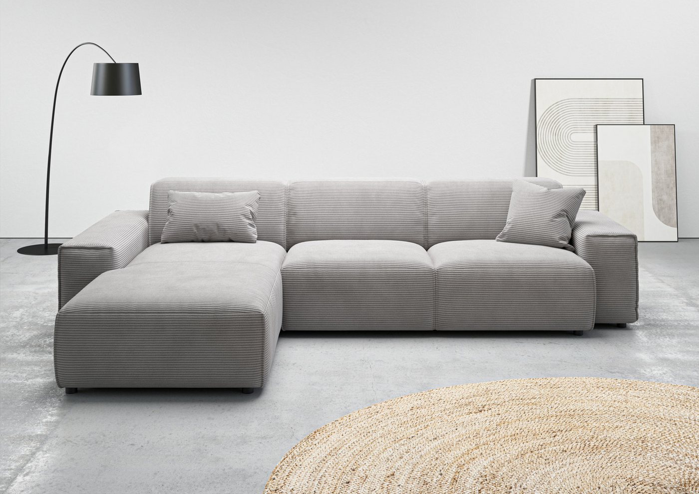 andas Ecksofa Glimminge auch in Breitcord, Feincord, Bouclé + Easy care-Bezug, L-Form, Breite 294, Zierkissen von andas
