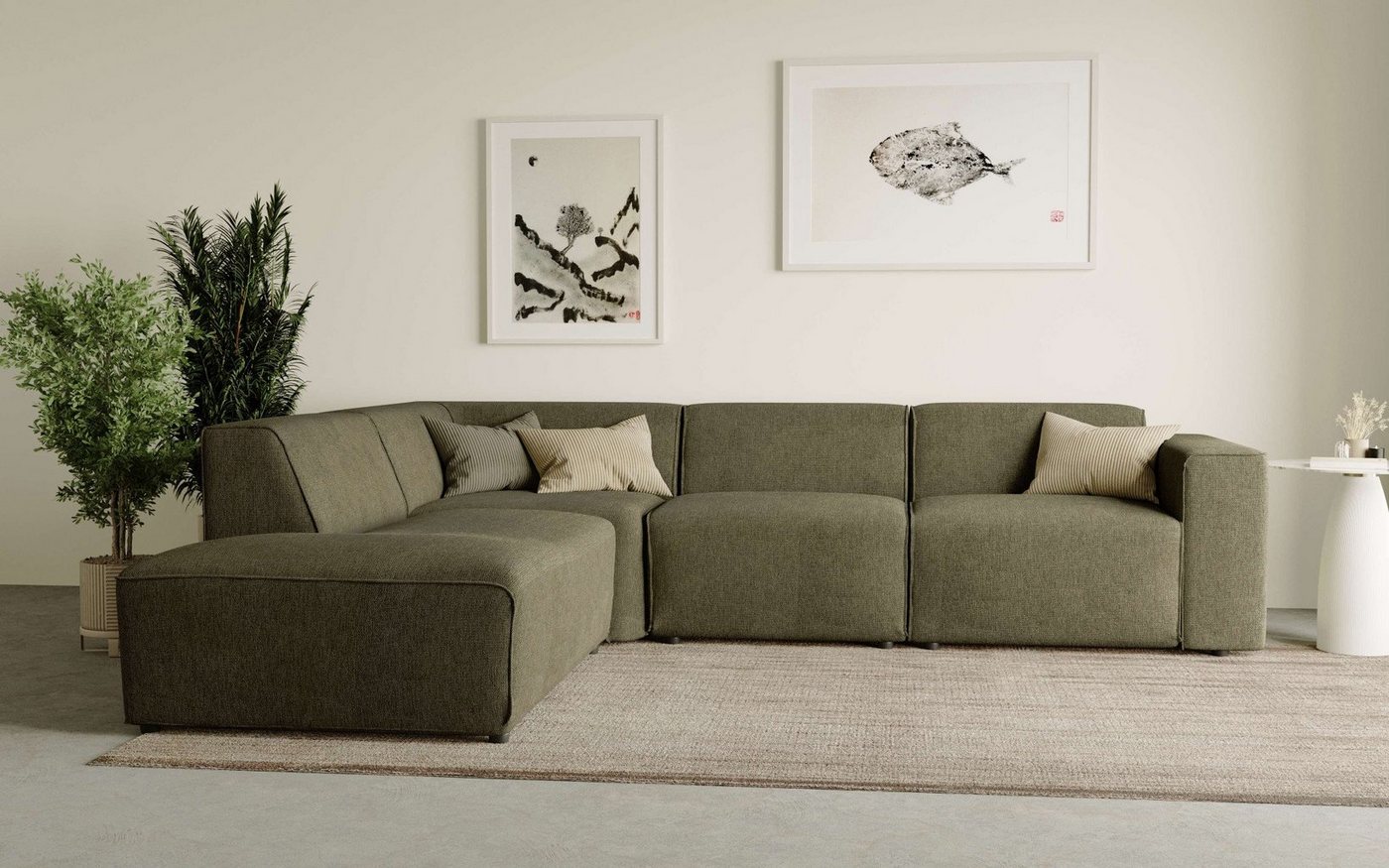 andas Ecksofa Noord 282 cm mit Ottomane, mit Kedernaht, in einem Soft-Touch Bezug von andas