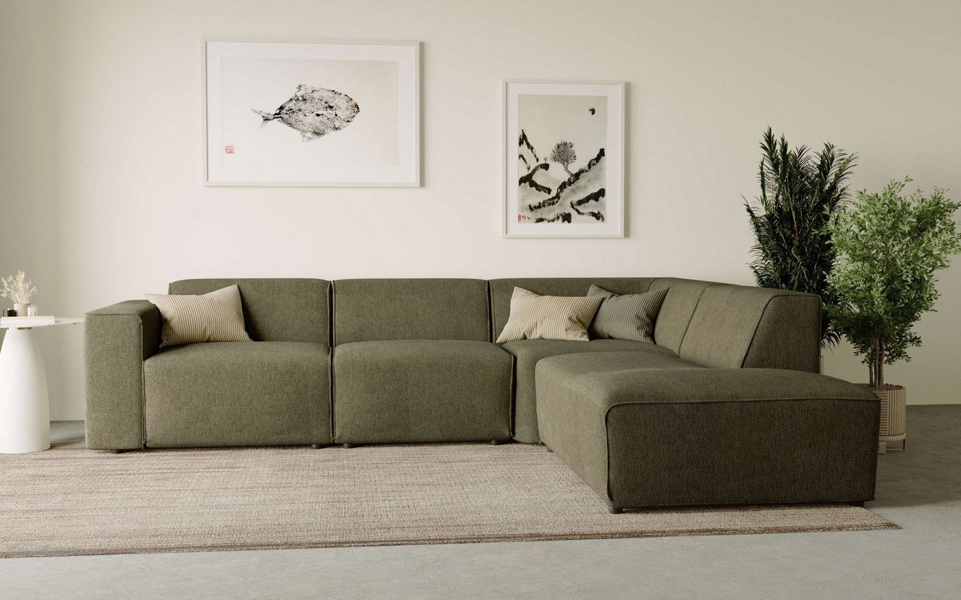 andas Ecksofa Noord 282 cm mit Ottomane, mit Kedernaht, in einem Soft-Touch Bezug von andas