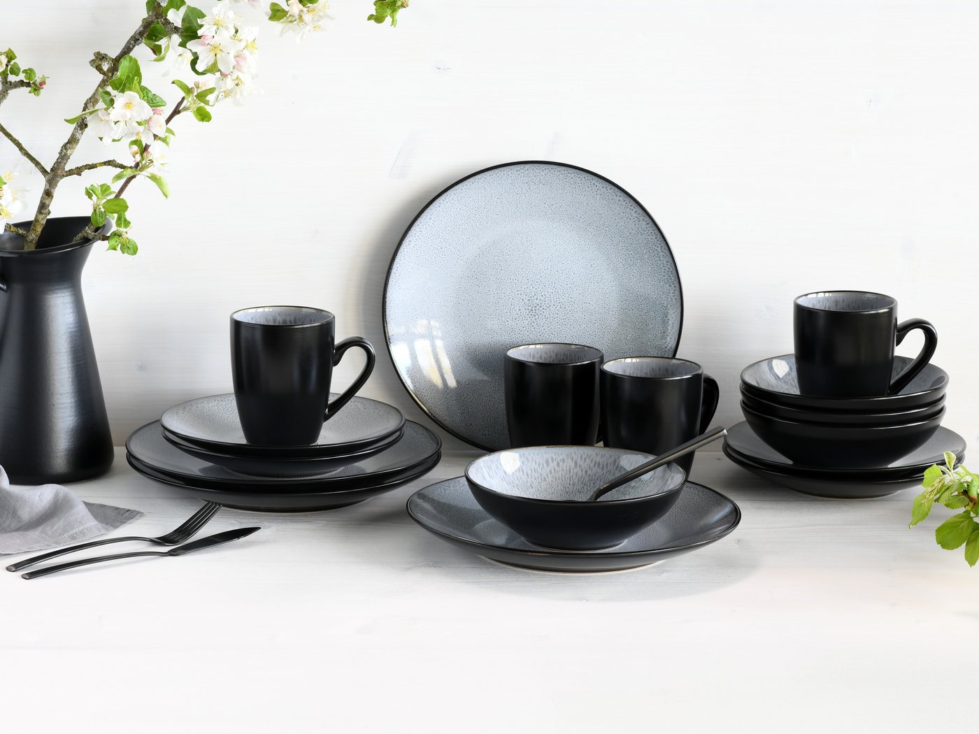 my home Kombiservice modernes Geschirr-Set, Service Grönvik (16-tlg), 4 Personen, Steinzeug, mit Reaktivglasur, spülmaschinengeeignet & mikrowellengeeignet von my home